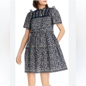 LINI Blue Floral Print Short Sleeve Dress  Boho Cottagecore Feminine Size Small